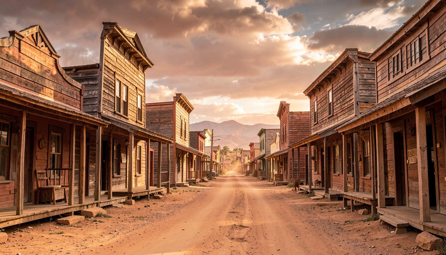 A dusty Western town street at high noon, with weathered wooden buildings, warm terracotta and sandy brown tones