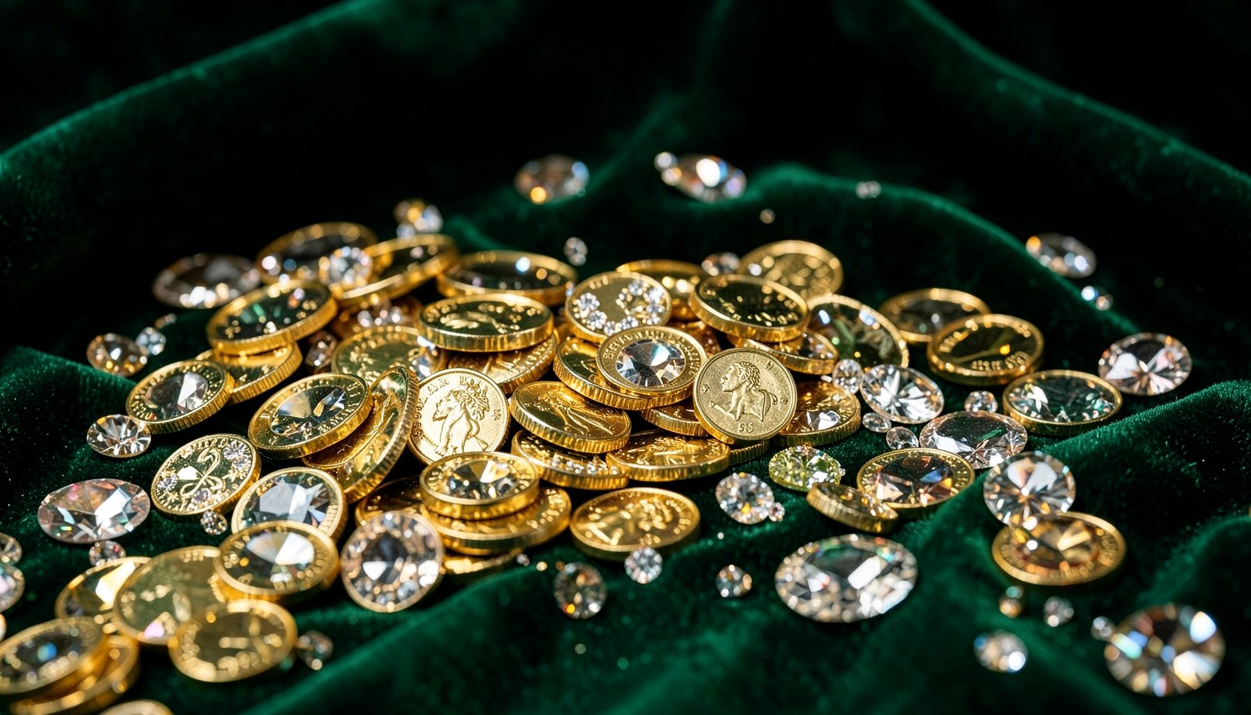 A luxurious setting with gold coins, sparkling gemstones, and deep emerald green velvet textures, evoking wealth and opulence