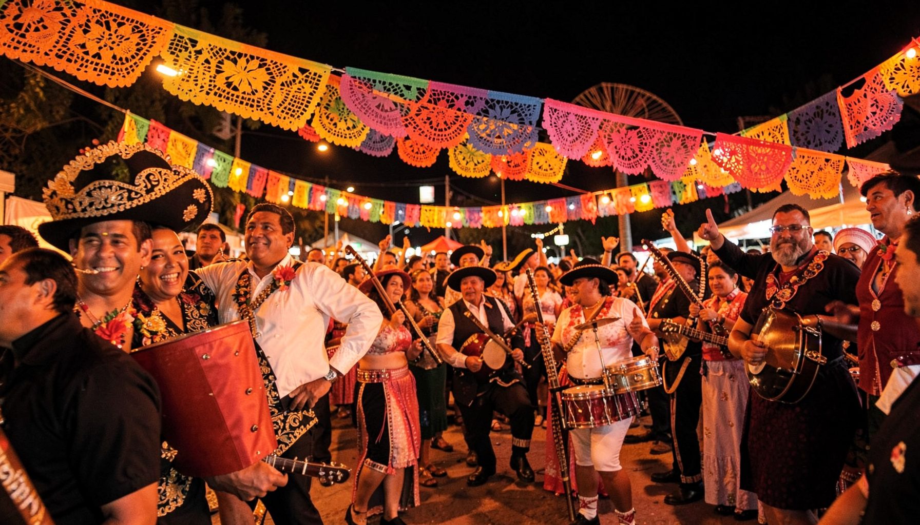 A vibrant Mexican fiesta scene with colorful papel picado banners, mariachi instruments, and warm orange and red tones