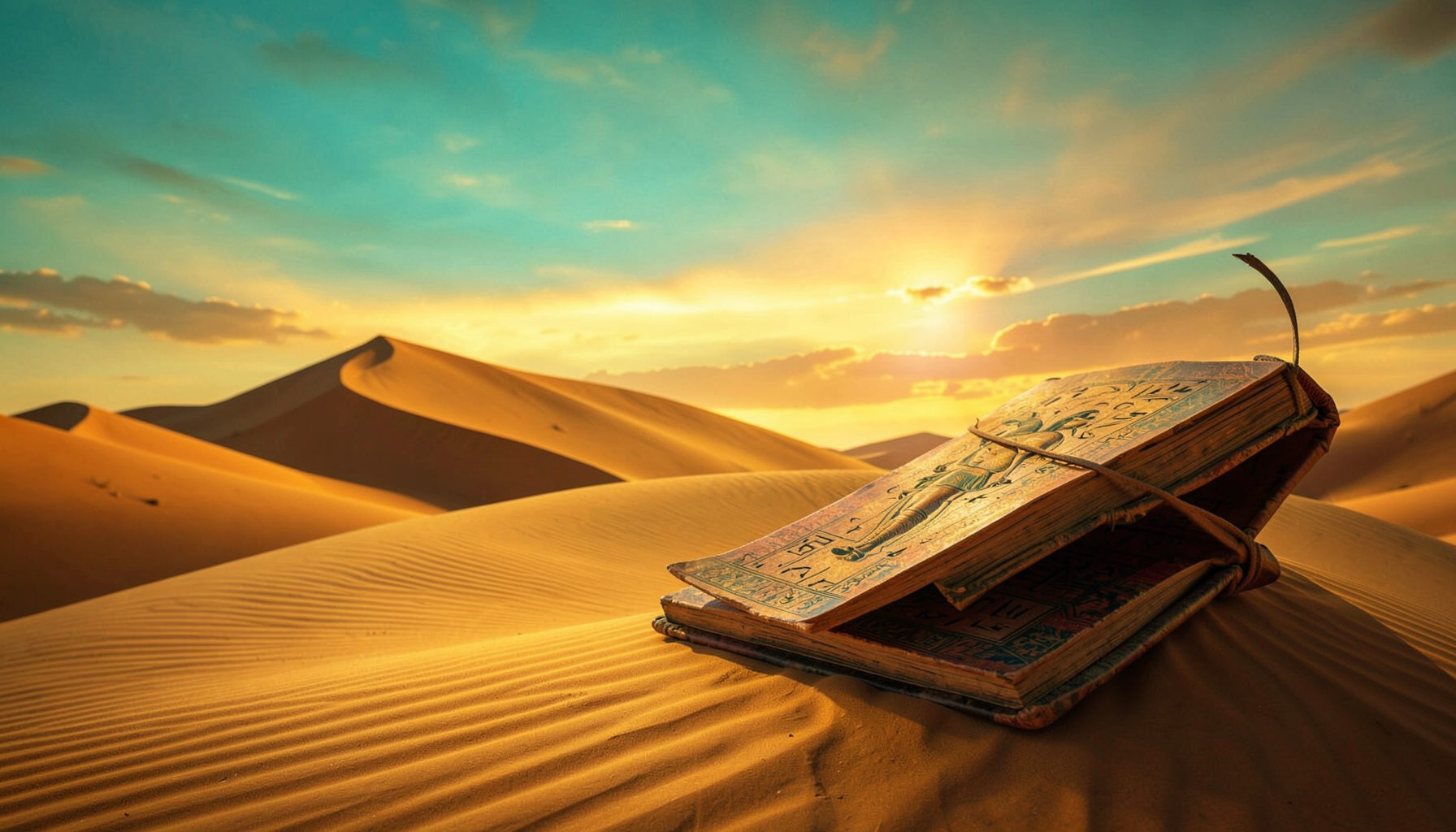 Ancient Egyptian desert landscape with golden sand dunes, a mysterious book artifact, and warm amber and turquoise tones