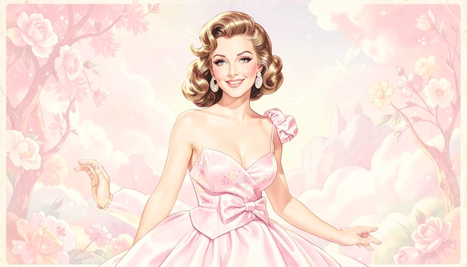 Retro 1950s pinup-style illustration with soft pastel pinks, creamy whites, and vintage glamour accents on a dreamy, nostalgic backdrop